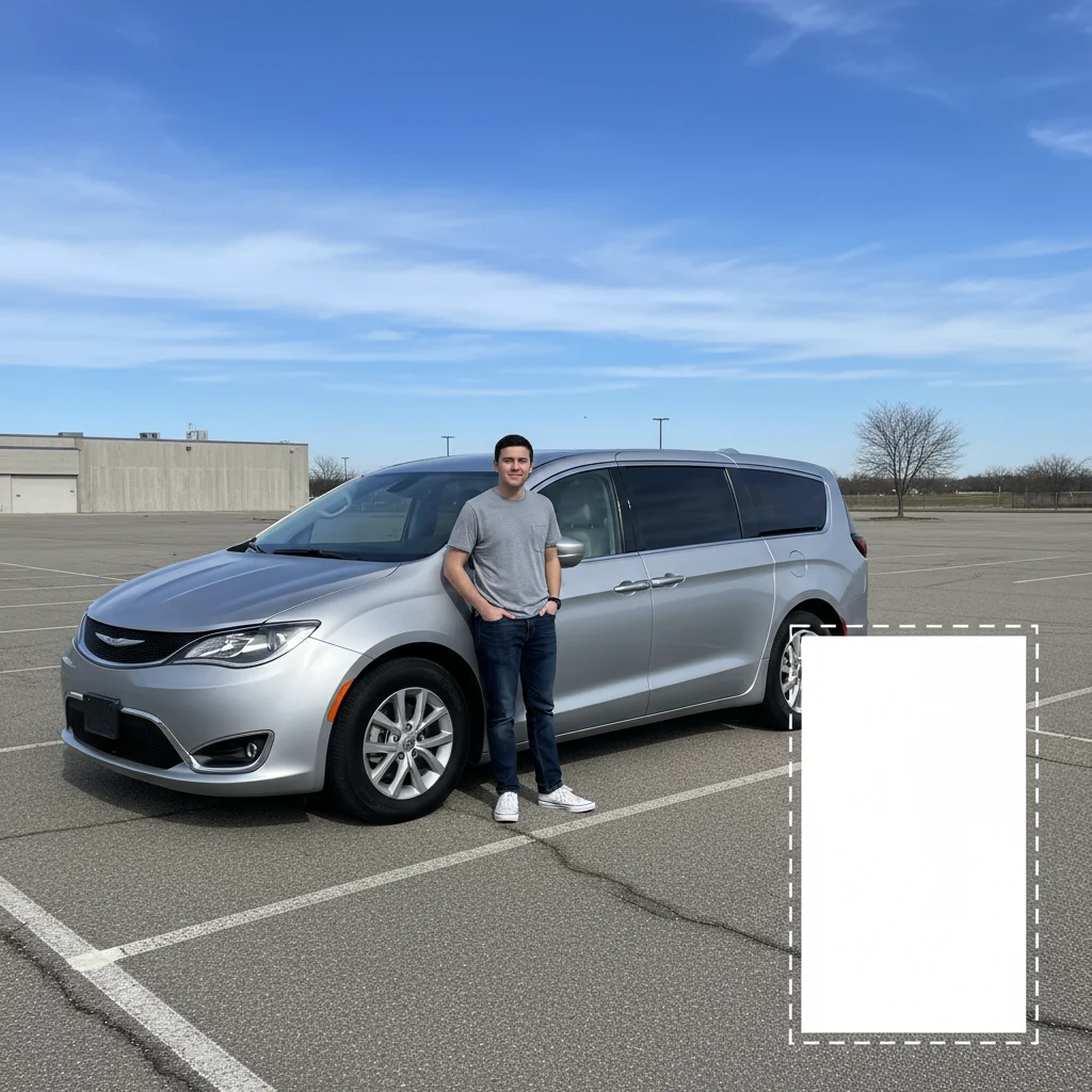 Person standing next to an ordinary silver minivan in a parking lot