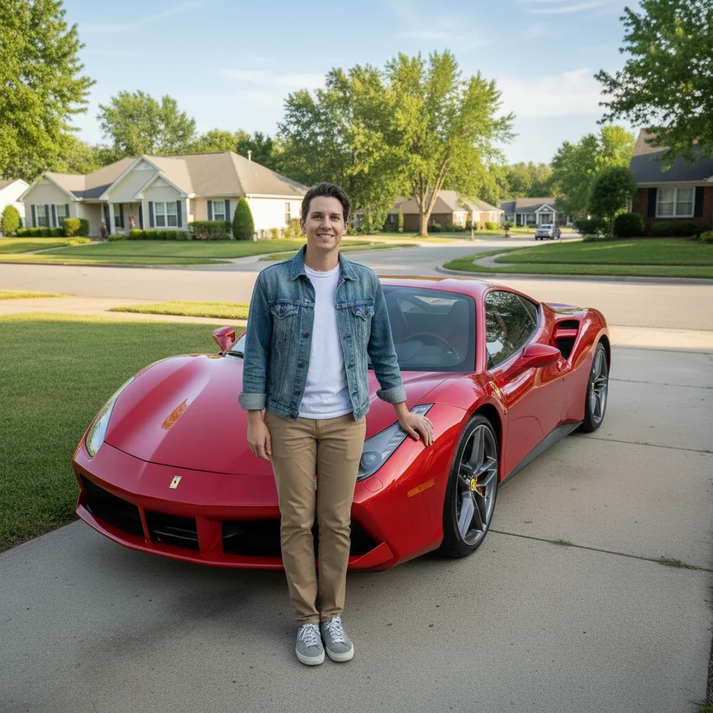 Same person now standing next to a gleaming red Ferrari 488 GTB in perfect condition