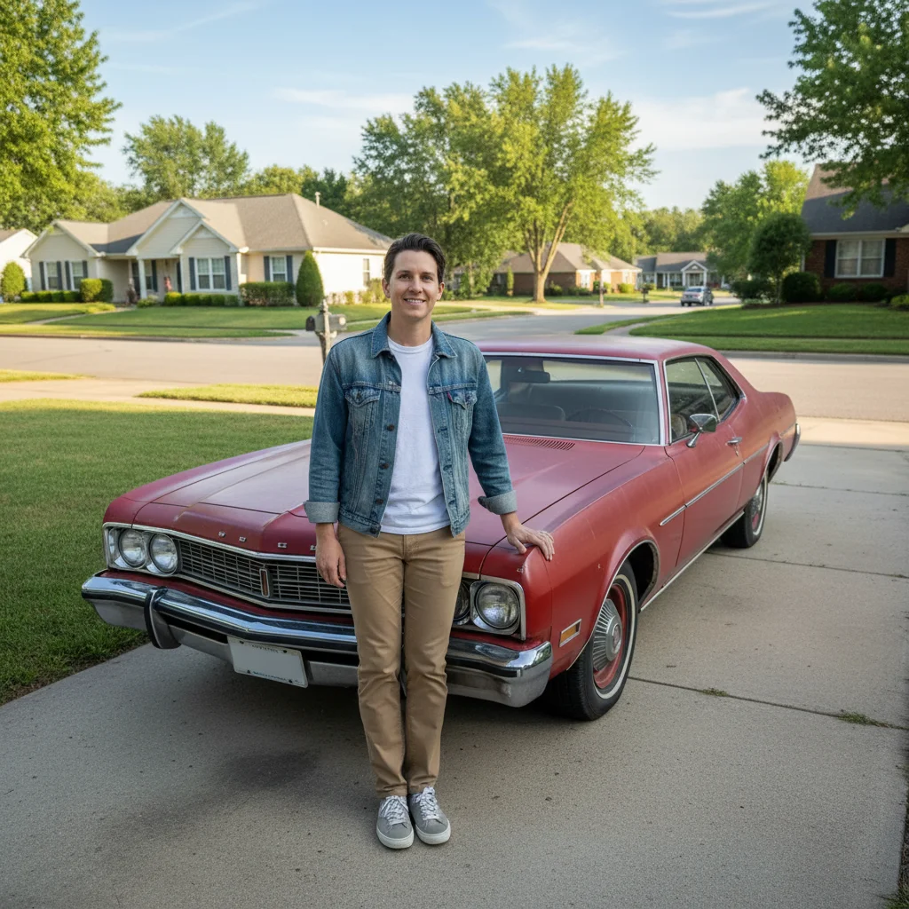 Person next to an ordinary older sedan parked in a residential driveway