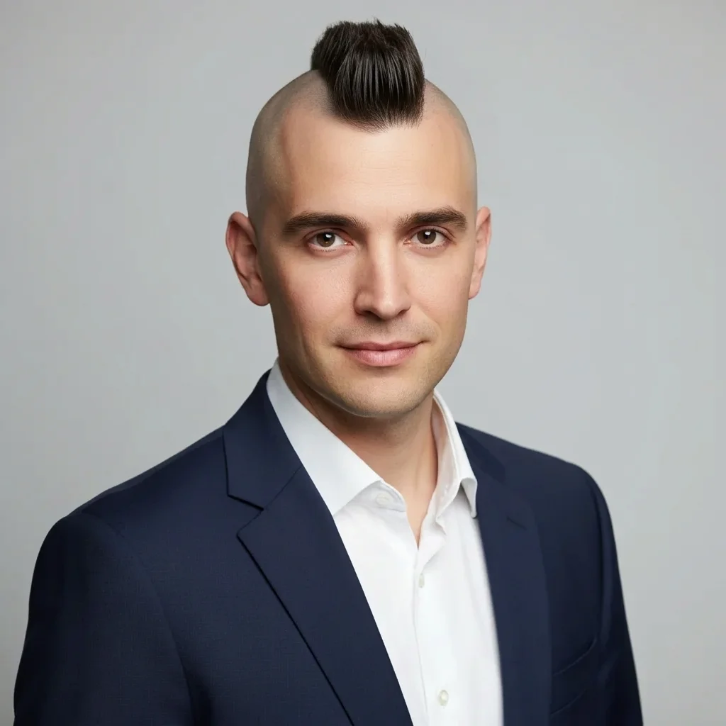 Same man now with shaved sides and a standing mohawk strip down the center