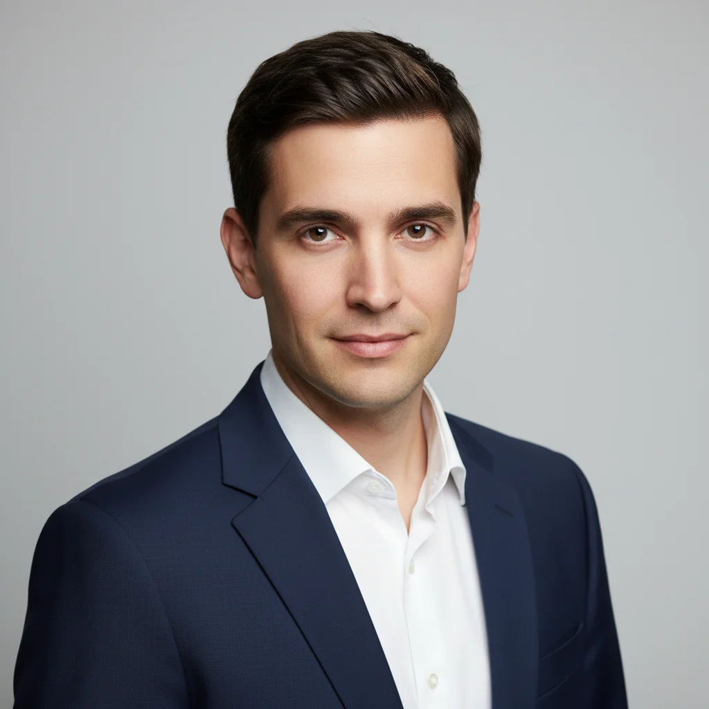 Man with short neat dark hair in a professional headshot