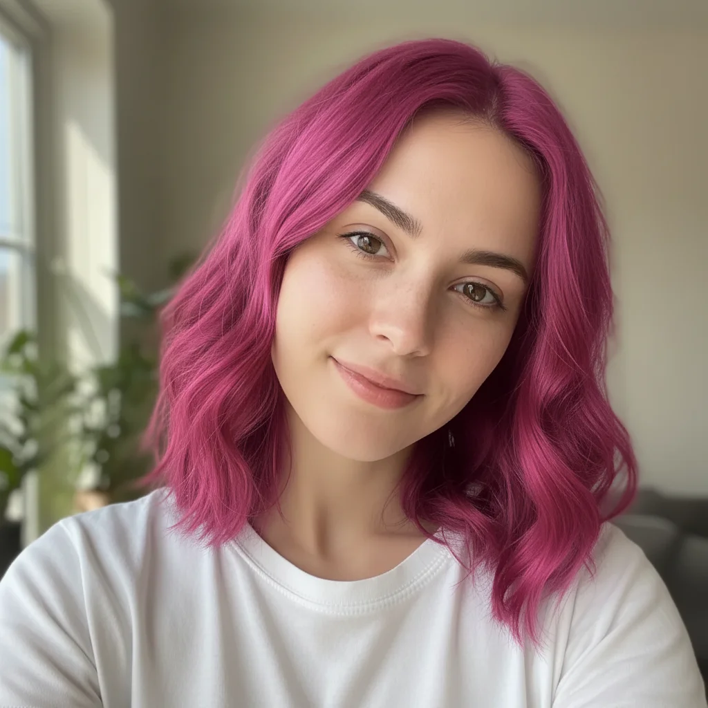 Same woman with the same cut but every strand now vibrant neon pink