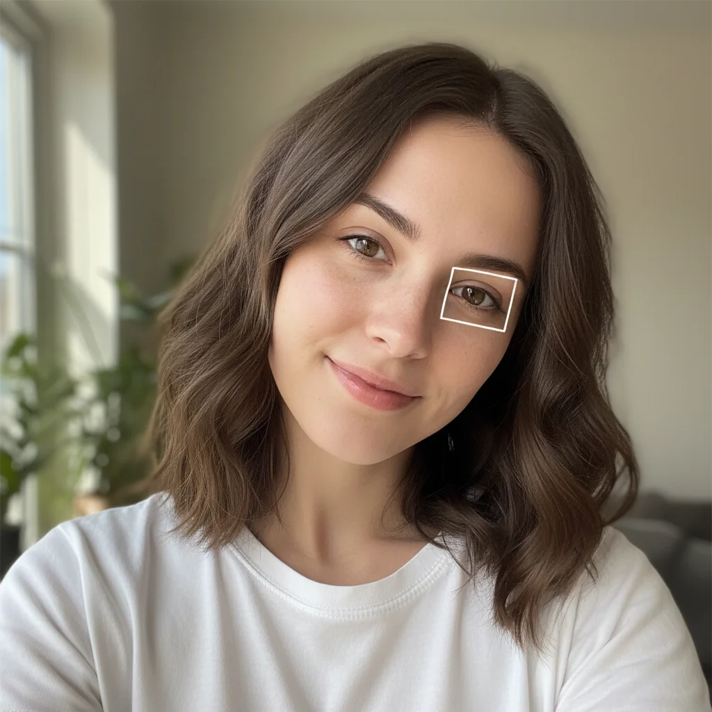 Woman with medium-length brown wavy hair in a casual selfie