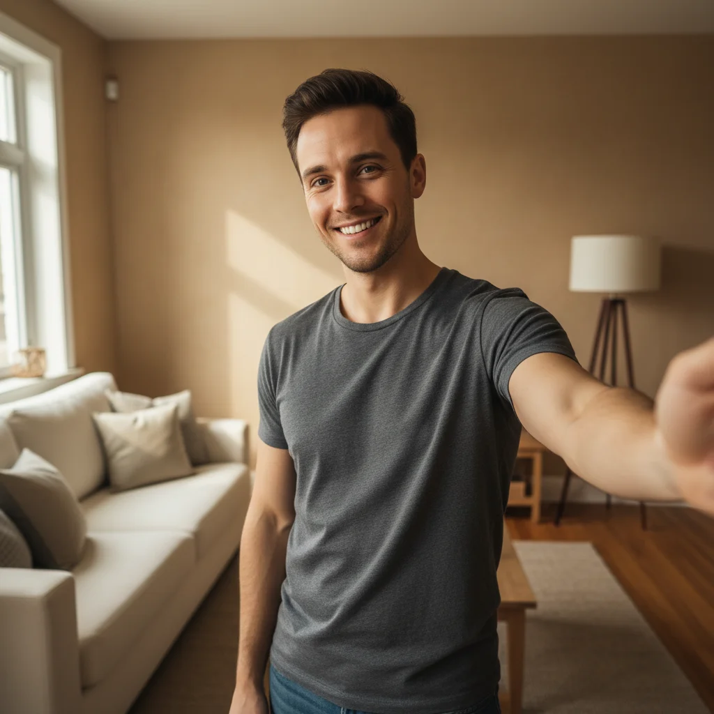 Person taking a selfie in their living room