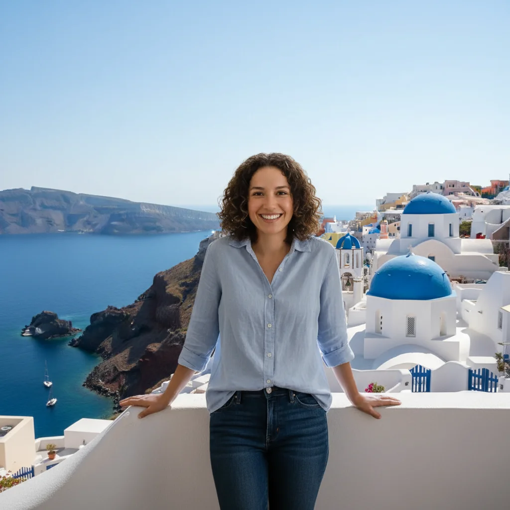 Same person standing on a Santorini cliff edge with blue-domed churches and the Aegean Sea in the background