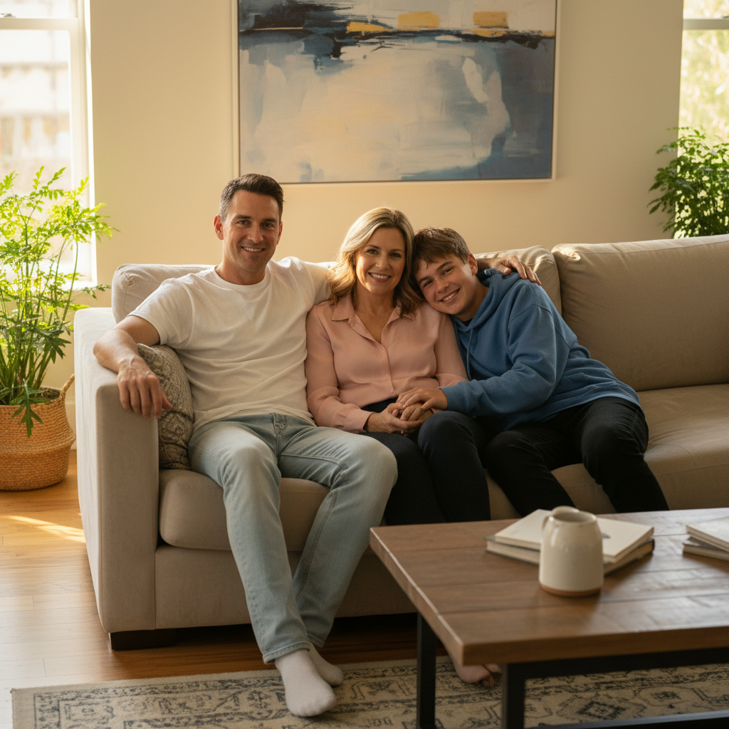 Family of three posing on couch