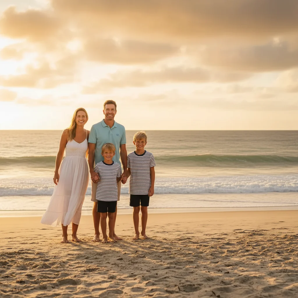 Clean family beach photo with stranger removed, natural ocean background