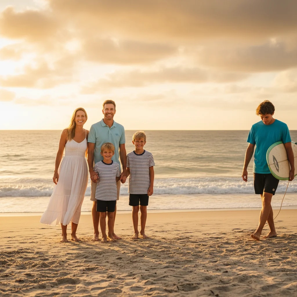 Beach family photo with stranger in blue shirt on right edge