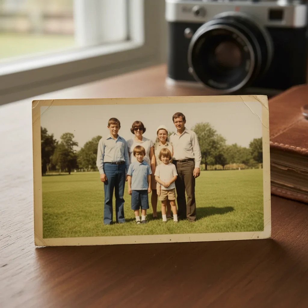 Restored family portrait with vibrant colors and clear facial details