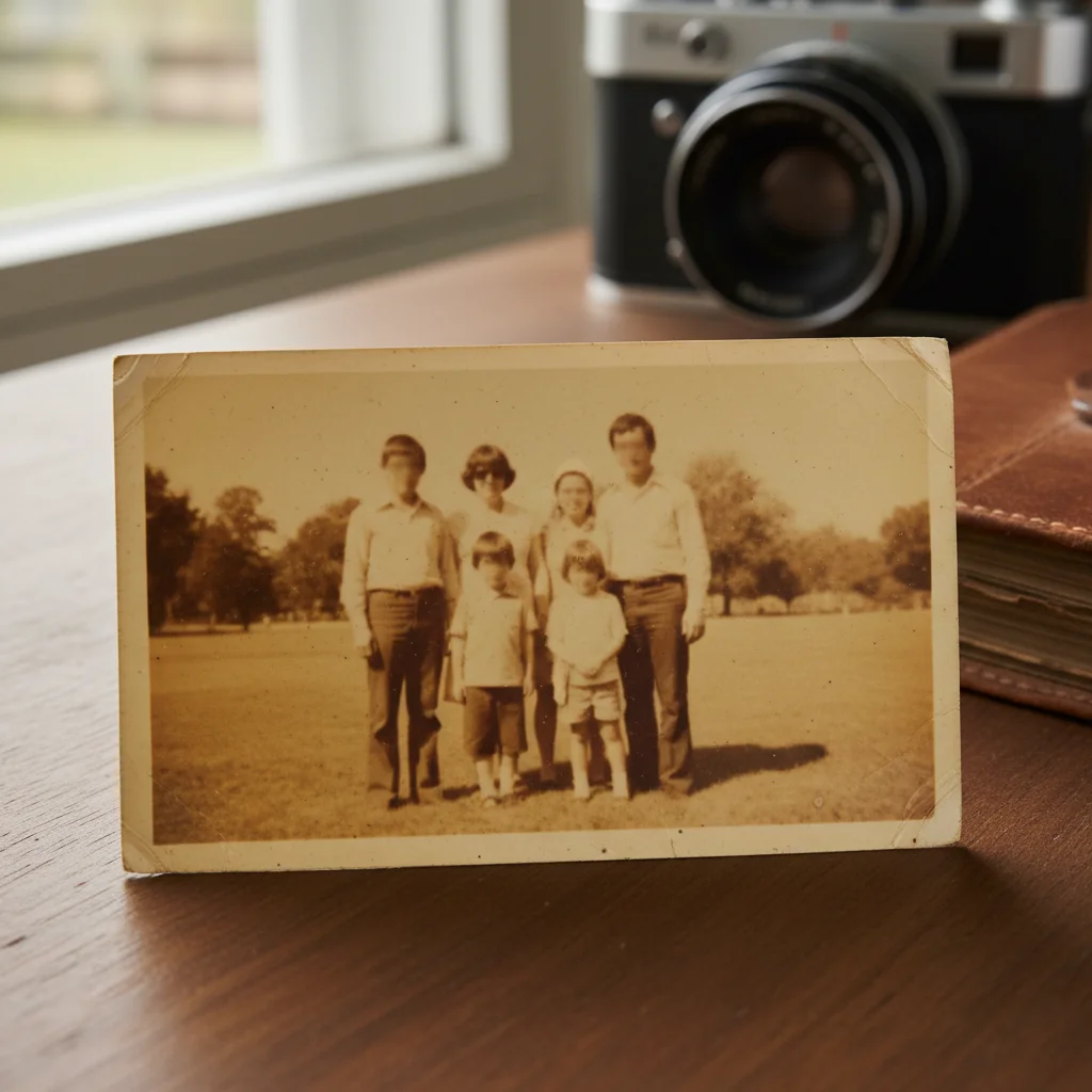 Faded 1970s family portrait with yellow color cast and unclear faces