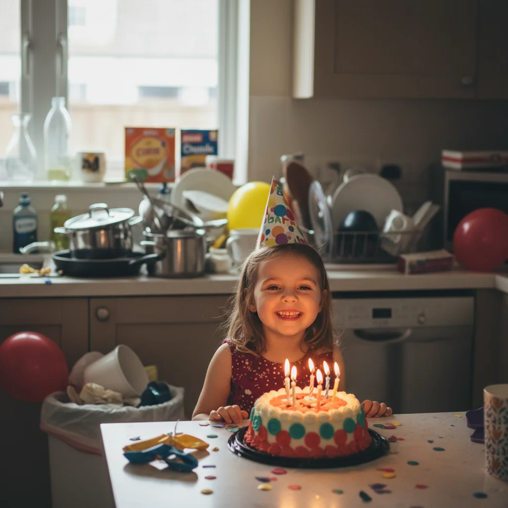 Birthday party photo with cluttered kitchen visible in background
