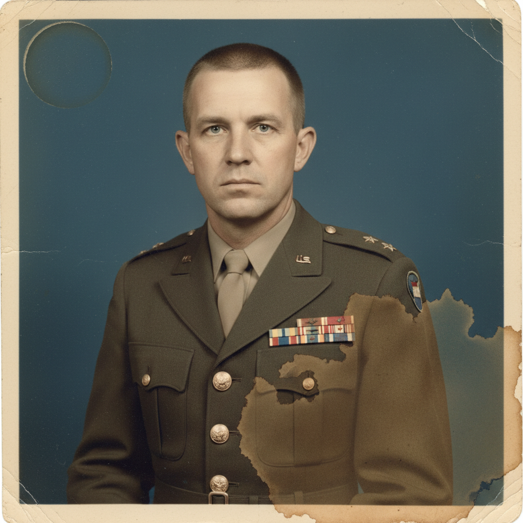 Damaged 1950s photo of grandfather with scratches and tears