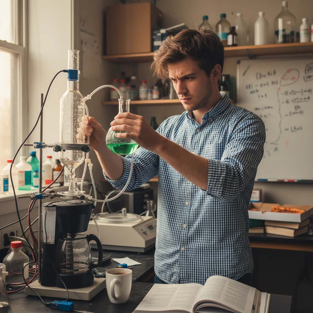 STEM student in lab with focused expression, cluttered informal background