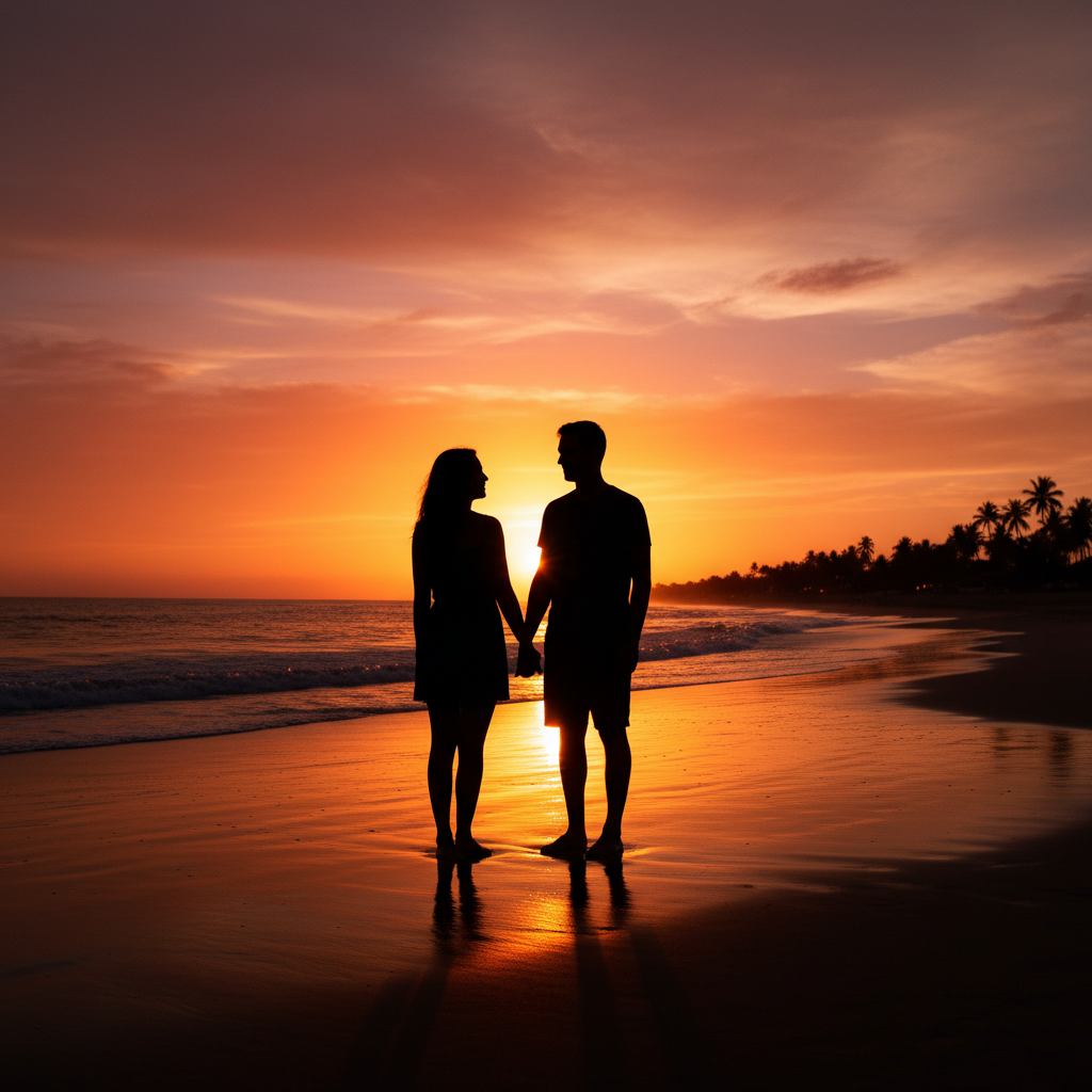 Couple as dark silhouettes against colorful beach sunset