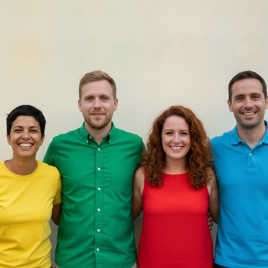 Same four friends, the man in green now with his eyes open and the others unchanged