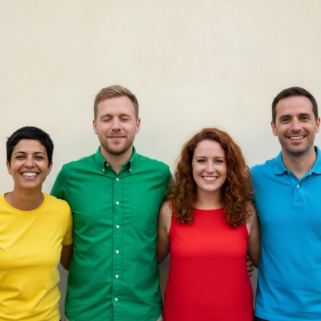 Four friends in bright shirts, the man in green caught with his eyes closed