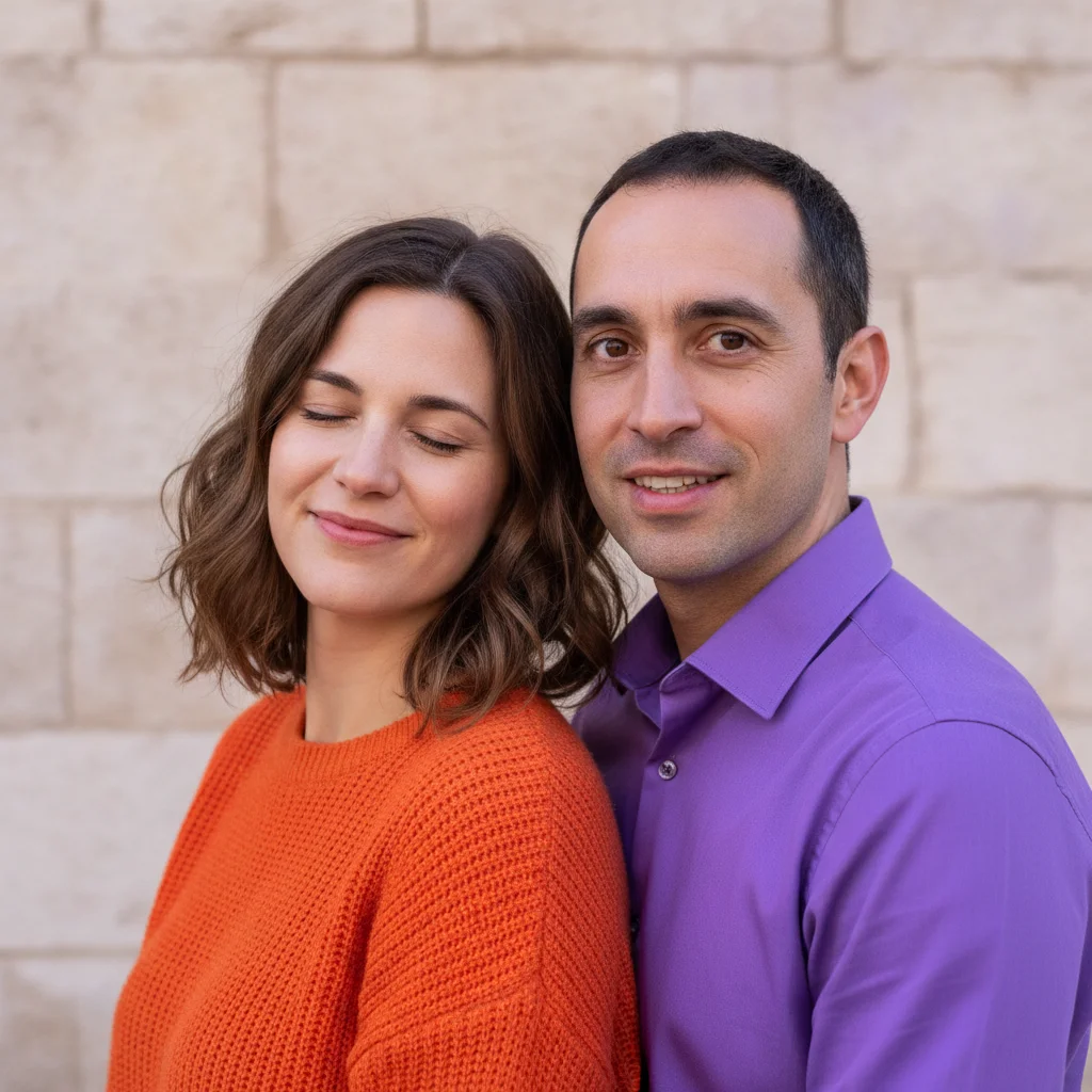 Couple outdoors, the woman in an orange sweater caught mid-blink