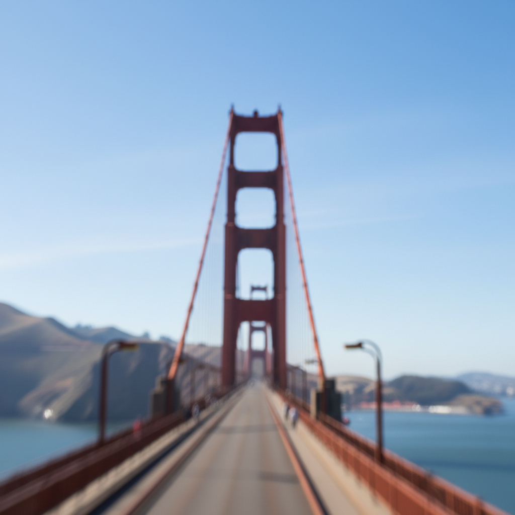 Sharp clear photo of Golden Gate Bridge with defined cables and tower