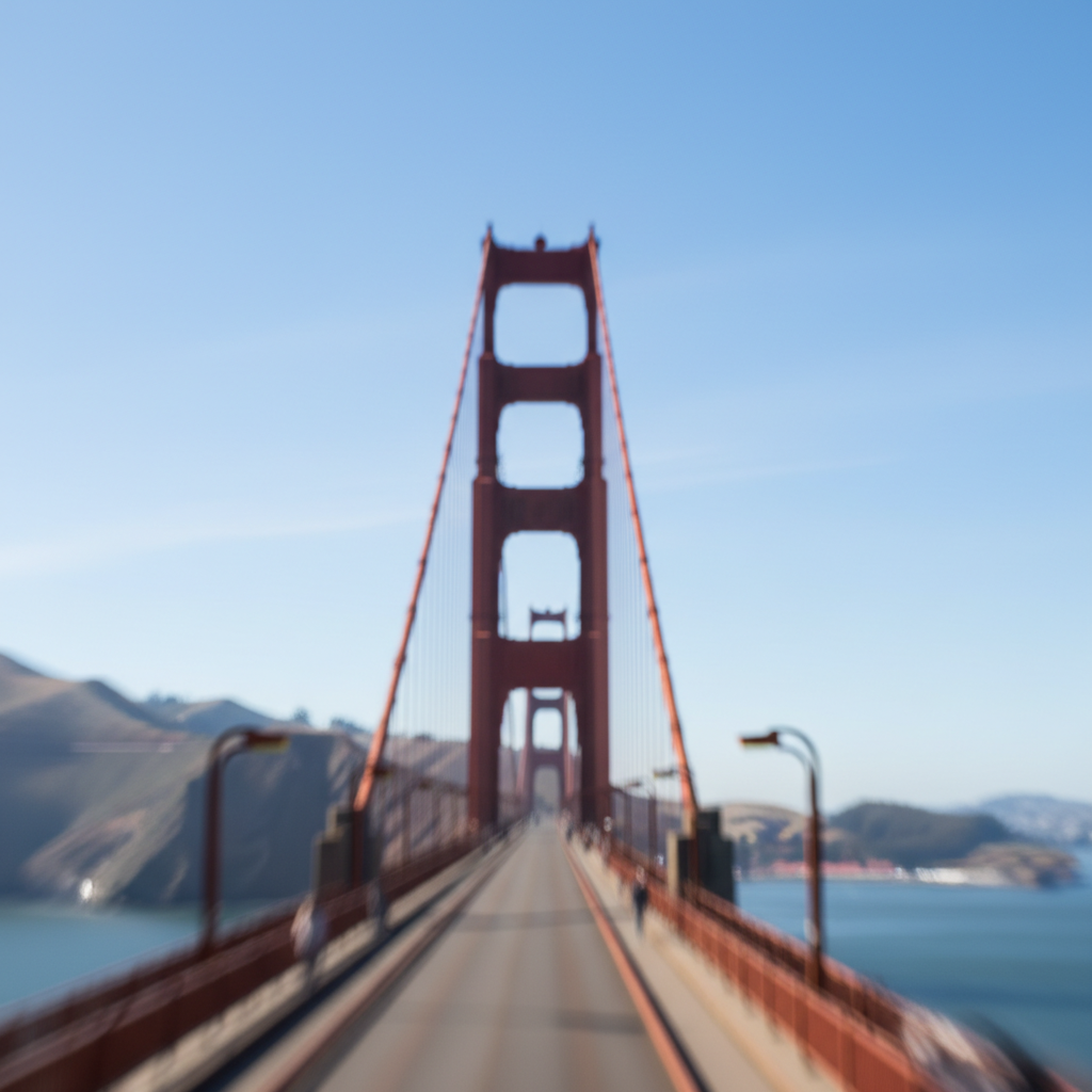 Motion-blurred photo of Golden Gate Bridge with streaky undefined details