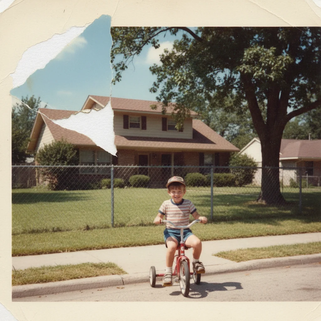 Childhood photo with torn upper-left corner revealing white backing paper