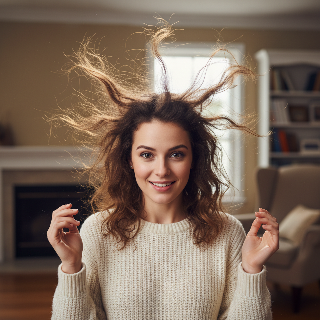 Portrait with static electricity causing hairs to stand straight up