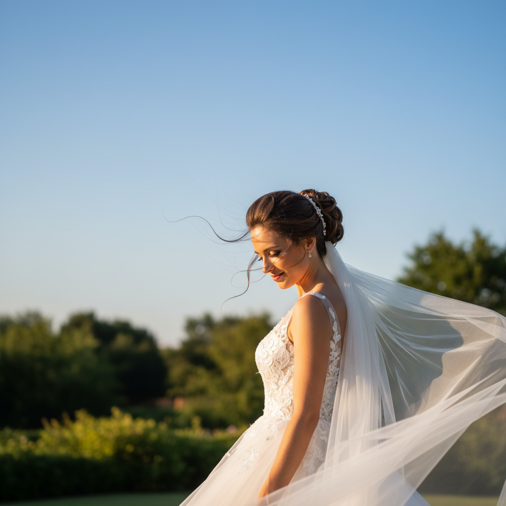 Bridal portrait with flyaway strands visible against sky