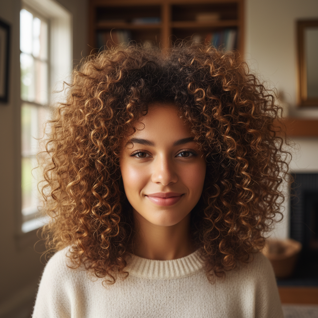 Curly hair with frizzy undefined halo obscuring curl pattern