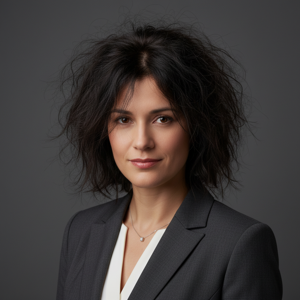 Professional headshot with distracting frizzy hair and flyaways