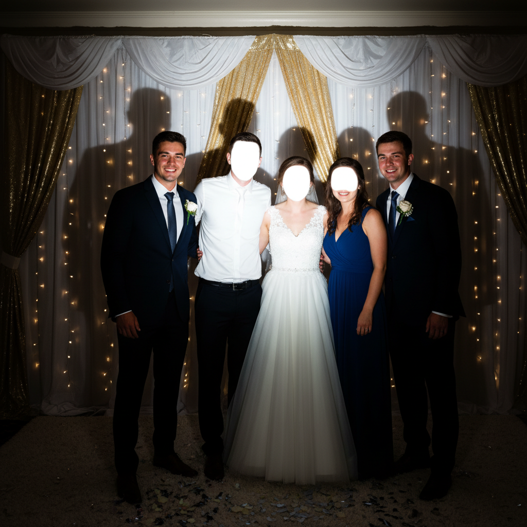 Wedding group photo with uneven flash exposure across faces