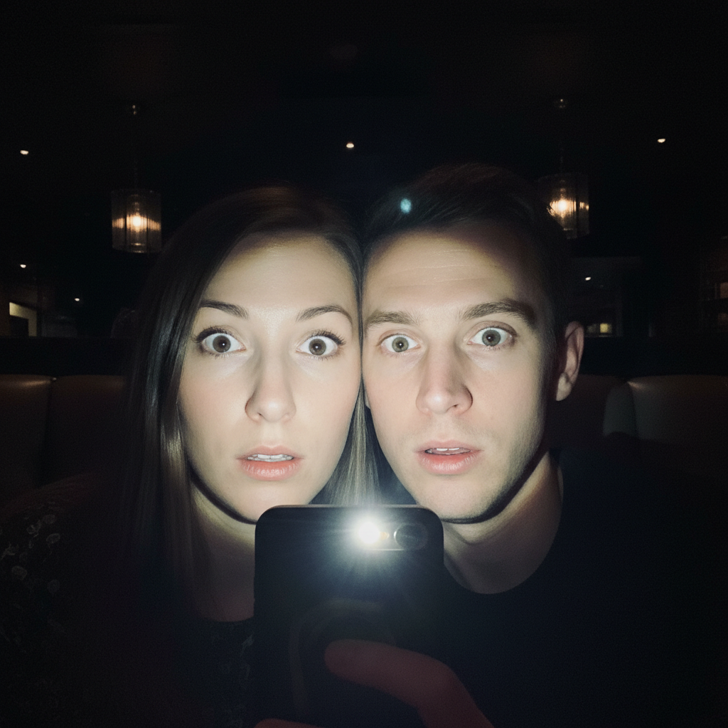 Restaurant selfie with harsh phone flash creating spotlight effect