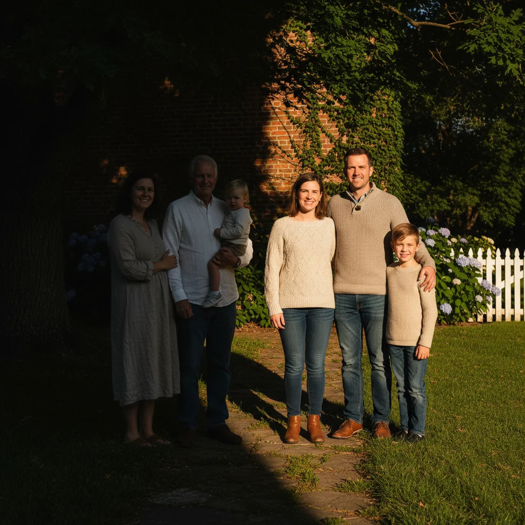 Group photo with left side in dark shade, right side in bright sun