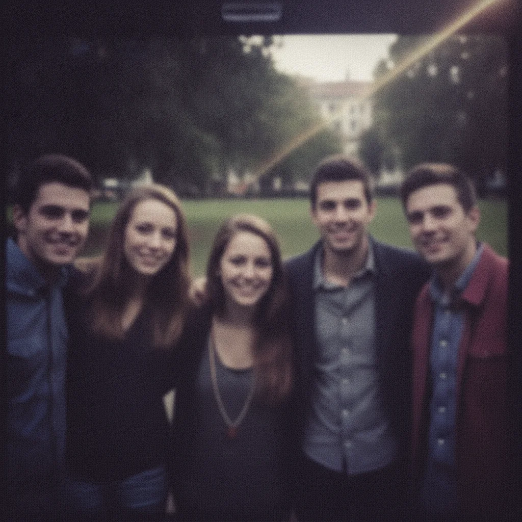 Group photo from old Android phone with heavy grain, dull colors, and soft faces