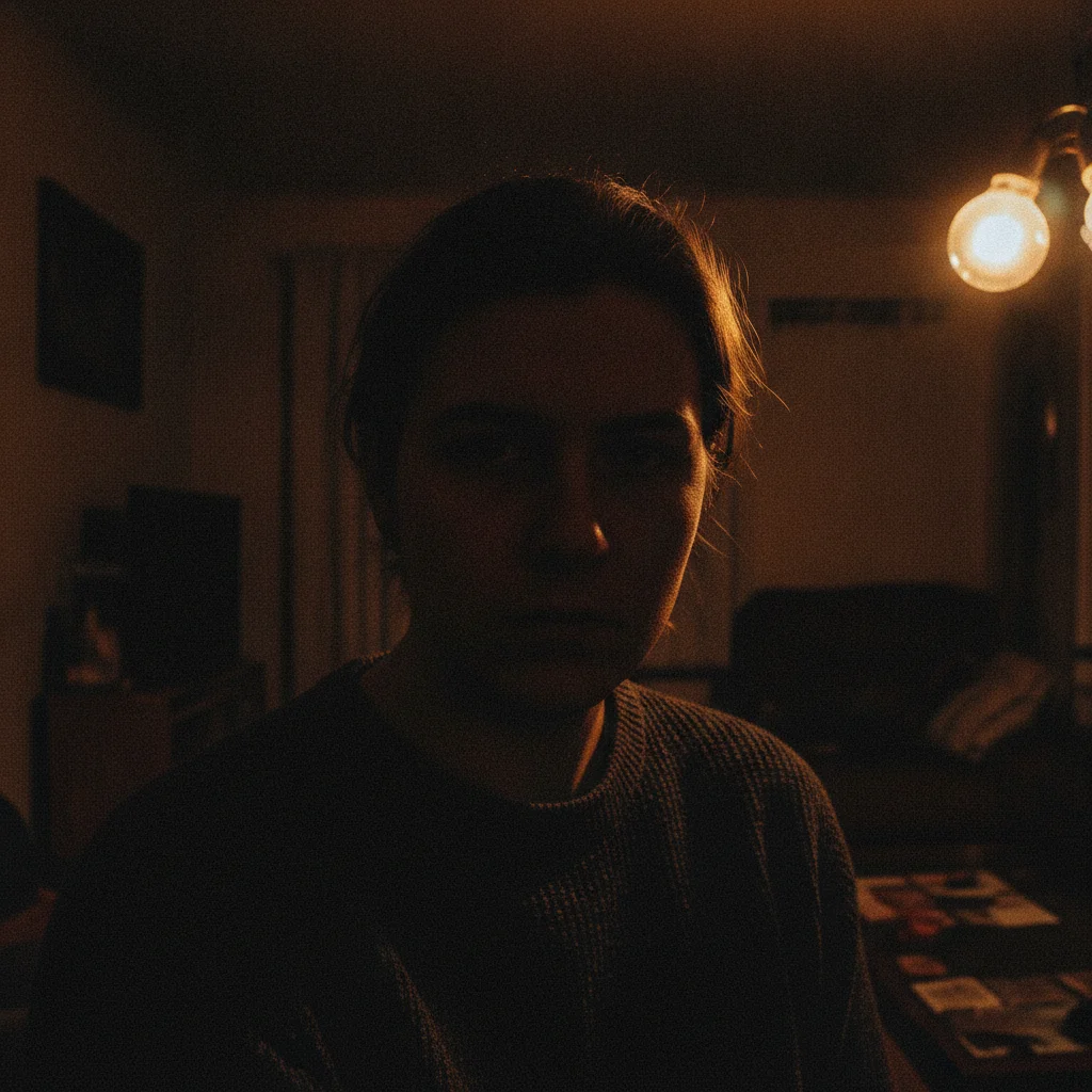 Dark indoor phone portrait with underexposure and heavy grain in shadows