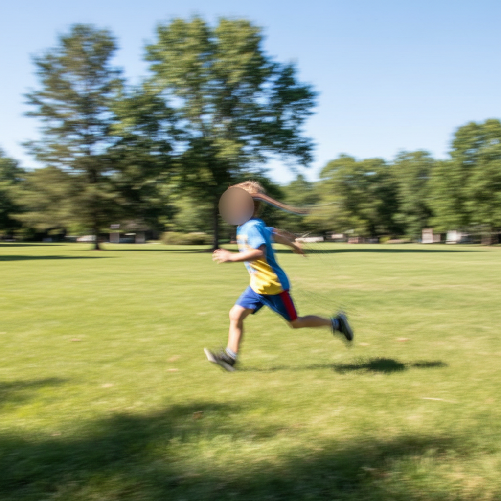 Photo of running child who appears as motion blur streak