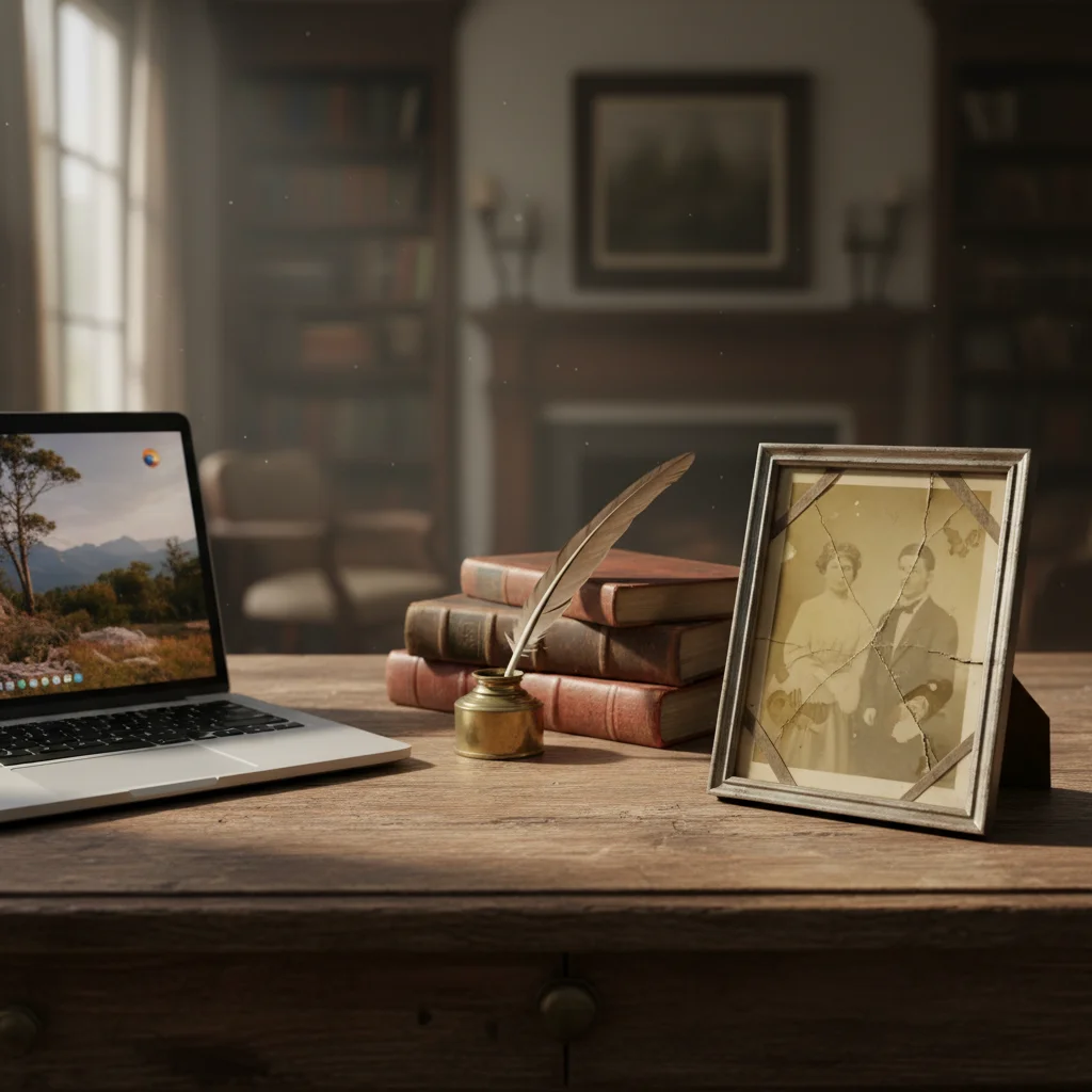 Water-damaged military portrait with stains and faded face