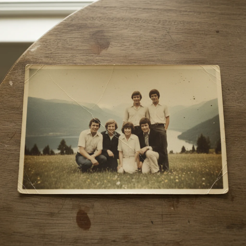 Faded wedding photo with yellowed dress and age spots