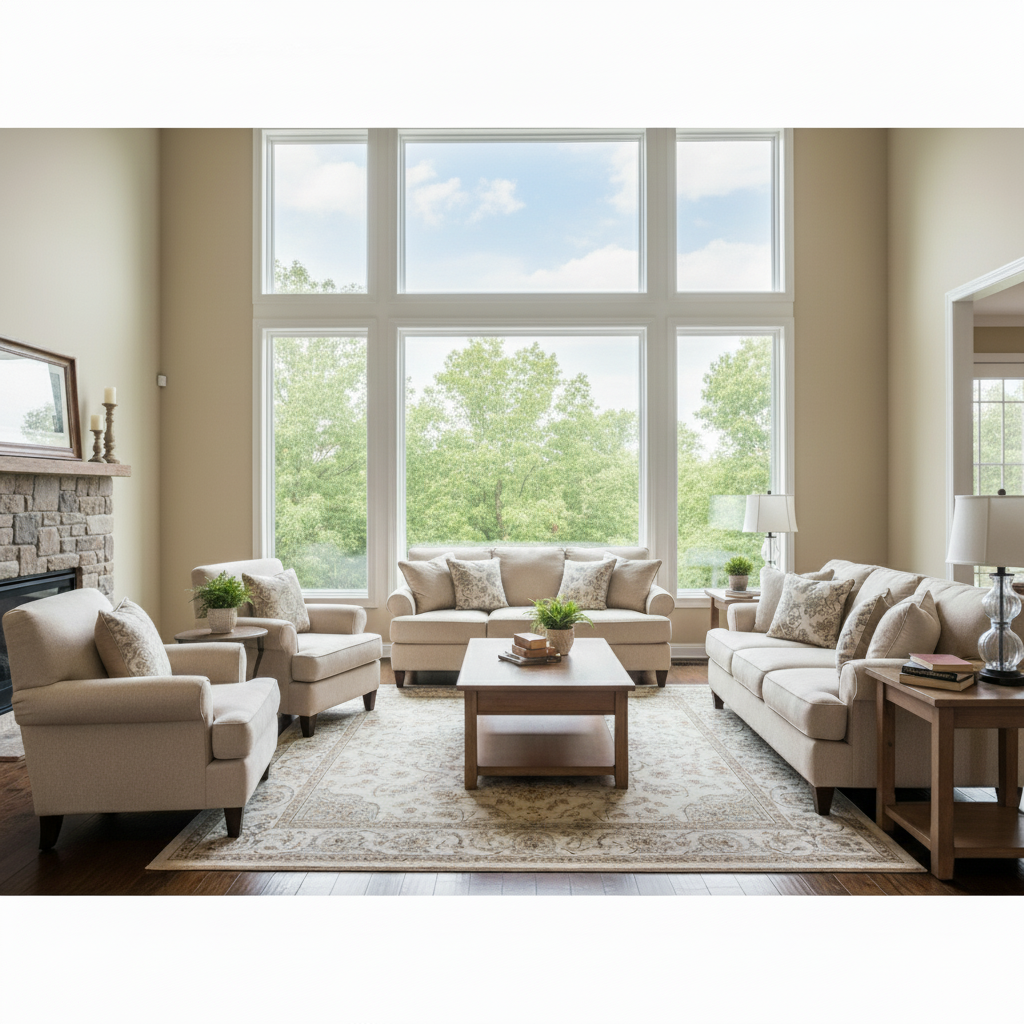 Same room with window showing trees and blue sky, balanced exposure throughout