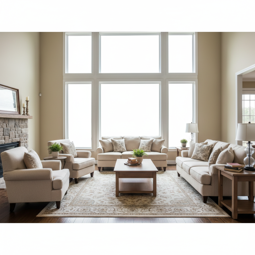Living room interior with window blown out to pure white, no outdoor detail visible