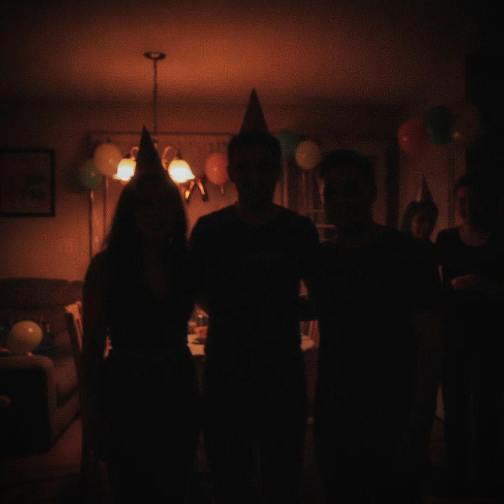 Blurry underexposed indoor birthday photo with dark shadows