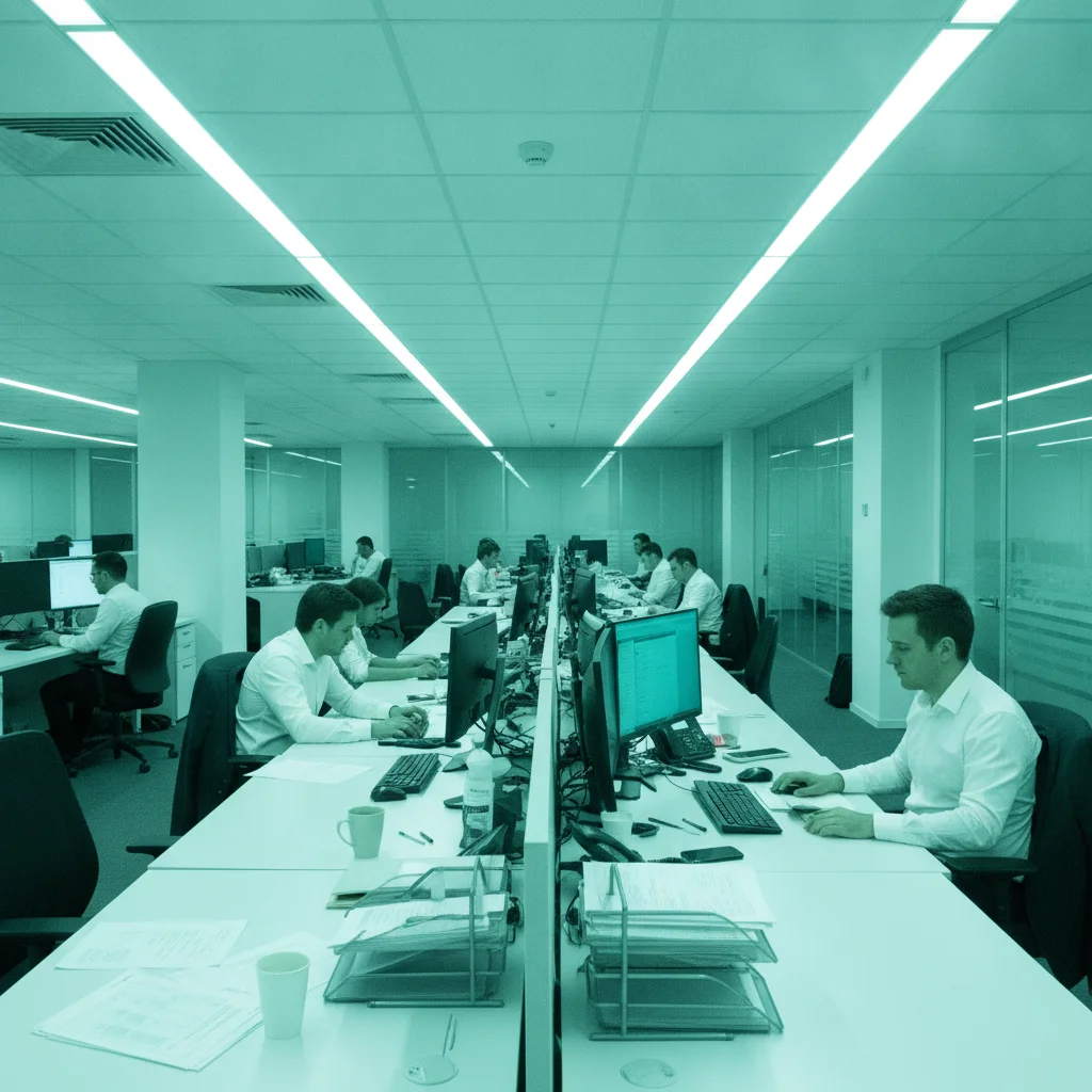 Office photo with strong green-blue fluorescent light color cast