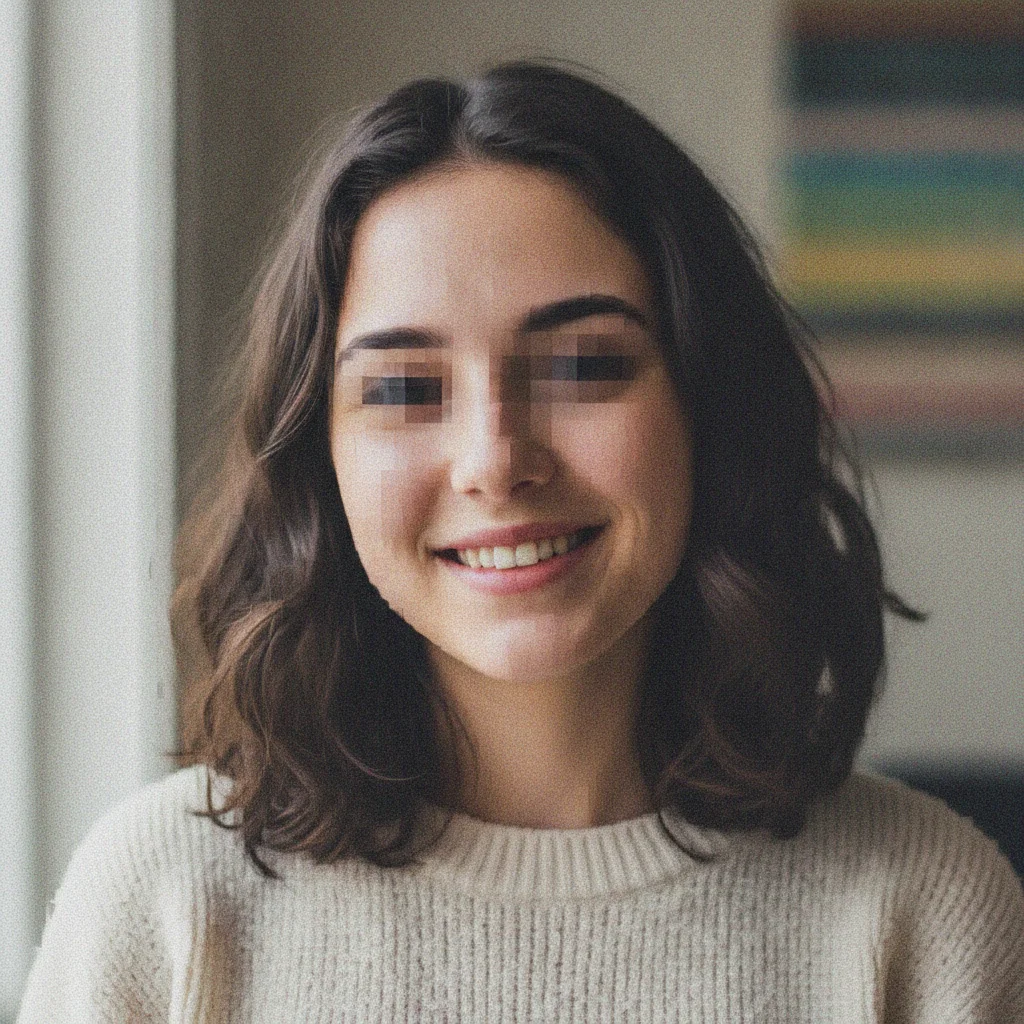Portrait with heavy JPEG compression block artifacts covering the face
