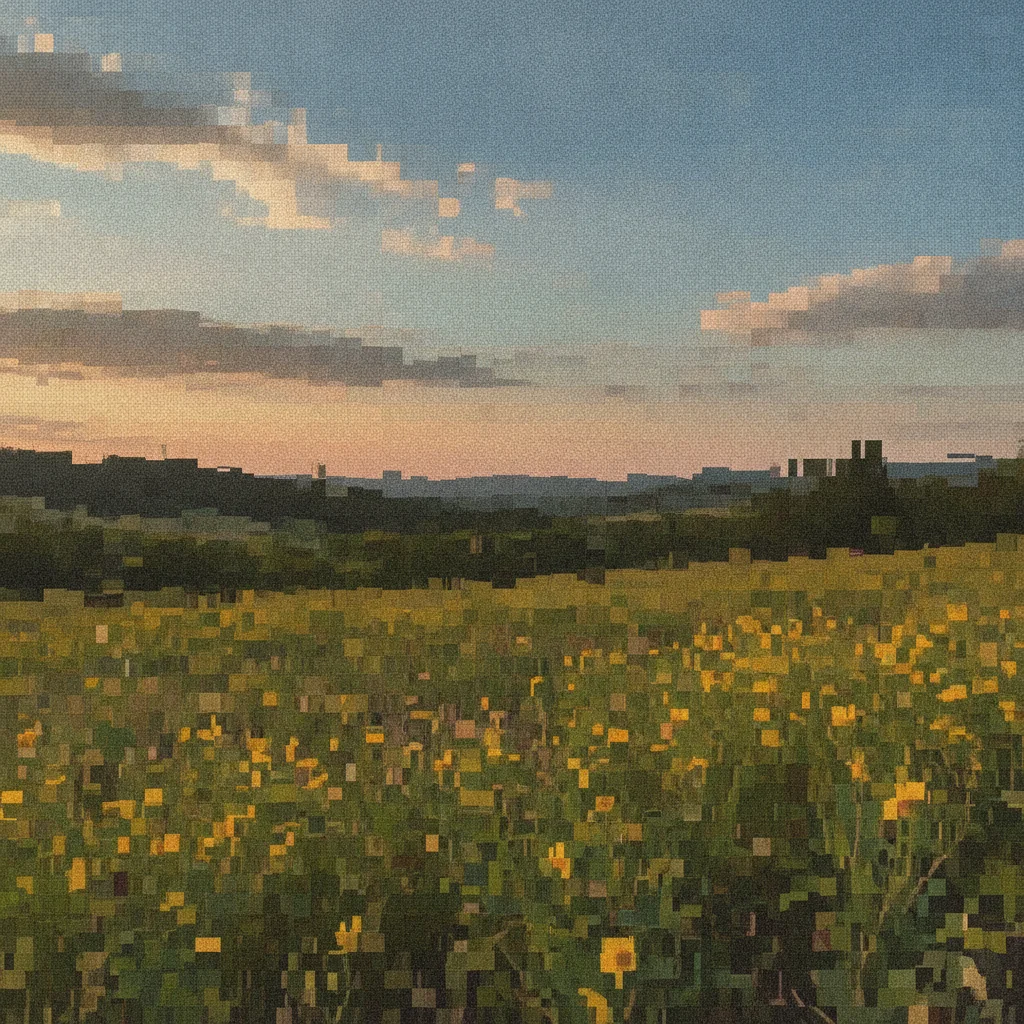 Outdoor photo with WhatsApp compression mosaic artifacts in sky and background