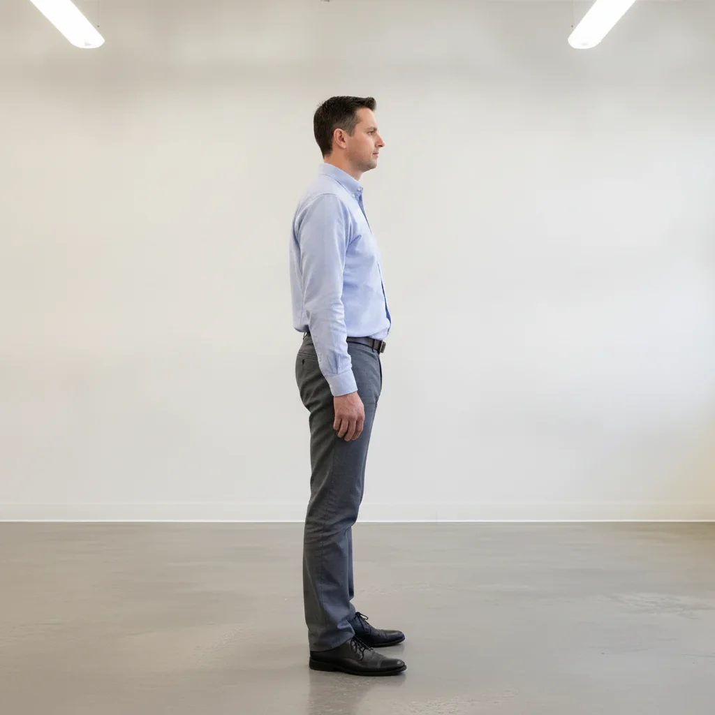 The same man standing tall — shoulders back, spine straight, head stacked over his shoulders, same room and clothes