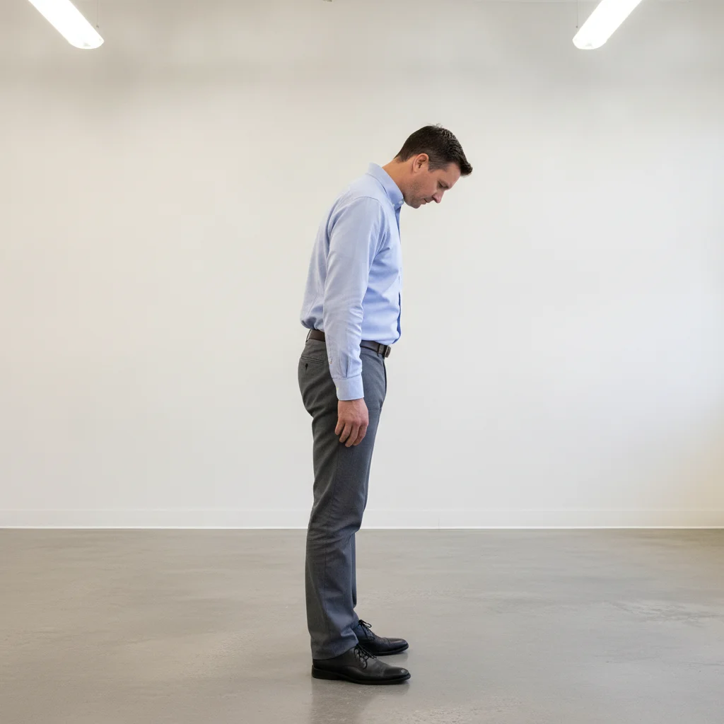 Man standing side-on in an office with a rounded upper back, hunched shoulders and his head hanging forward