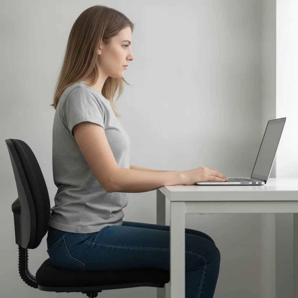 The same woman sitting upright — spine straight, shoulders back, head over her shoulders, hands still on the desk