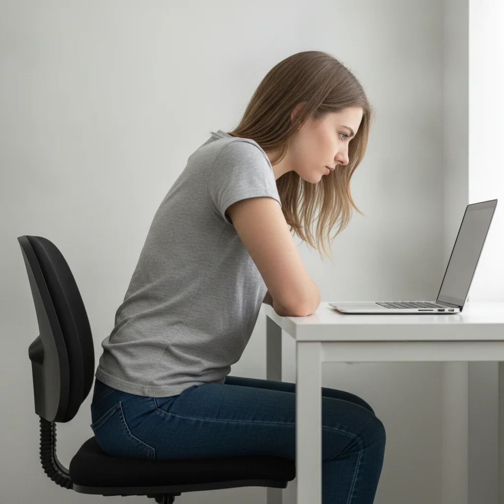 Woman at a desk seen from the side, upper back rounded and head pushed forward toward her laptop