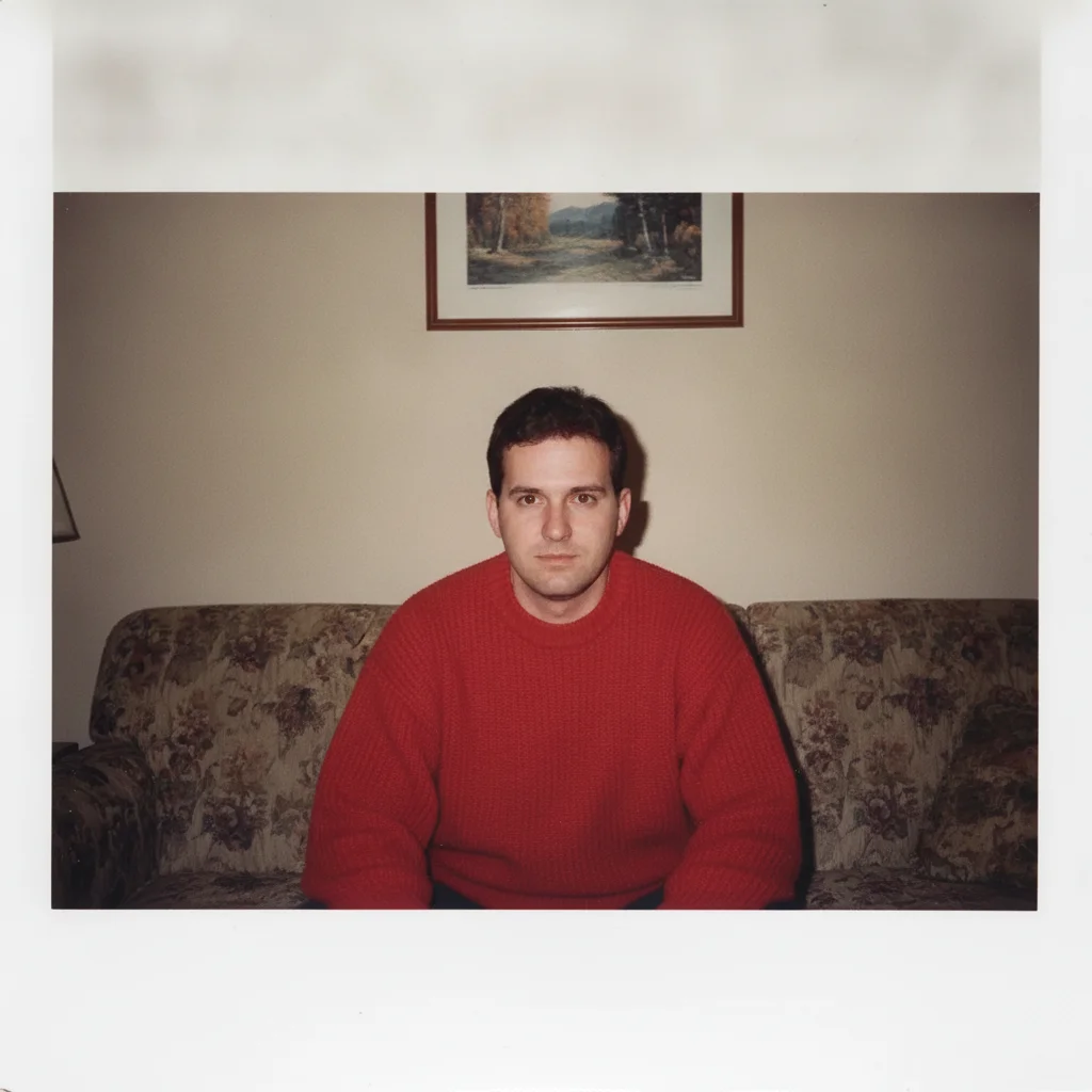 The same print with natural dark pupils and brown irises, the faded sweater and border unchanged