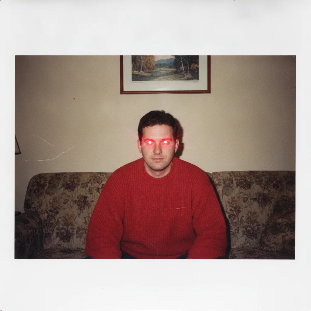 Scanned 1990s print of a man in a red sweater with bright red flash glow in both eyes