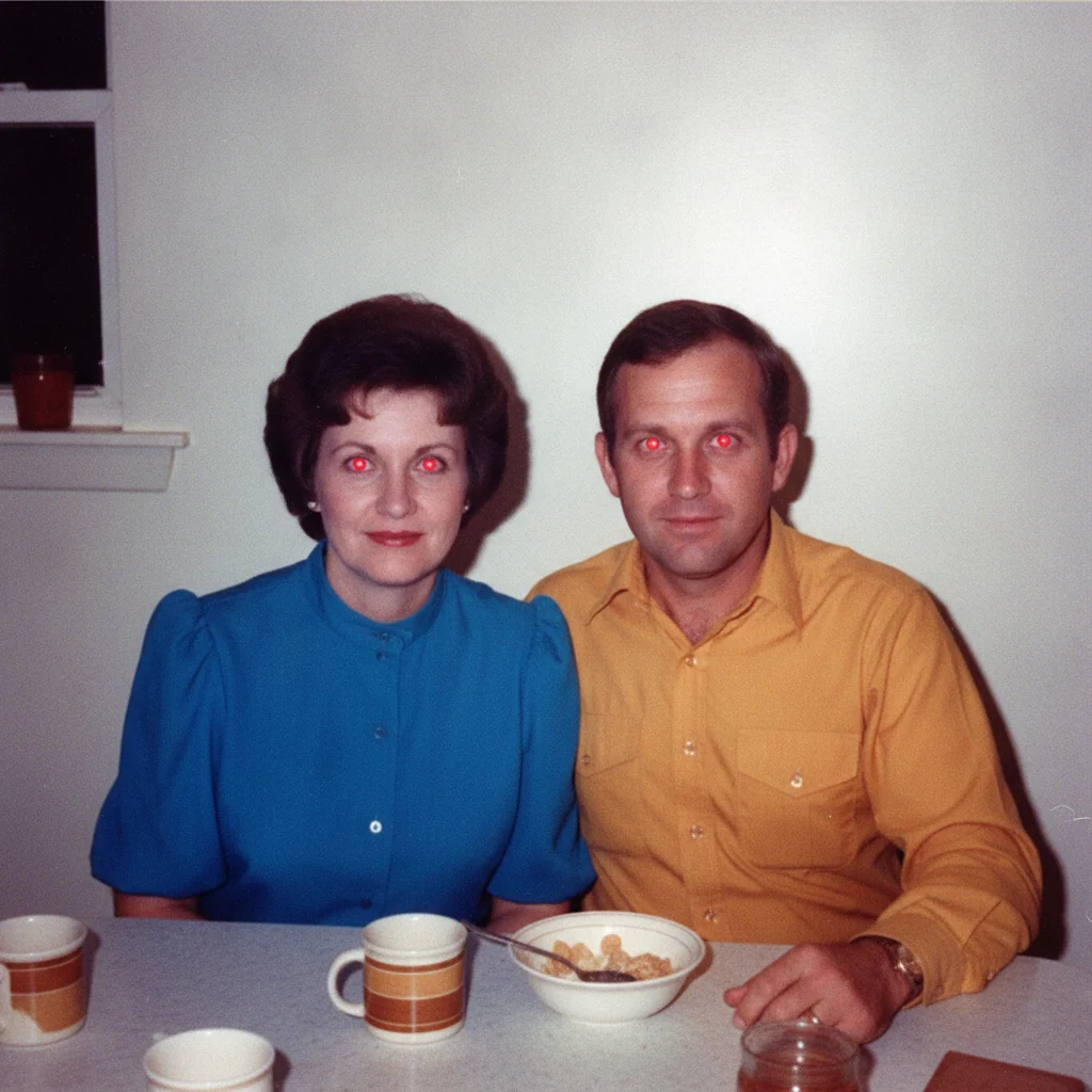 1980s party snapshot of two adults with vivid red flash glow in all four pupils