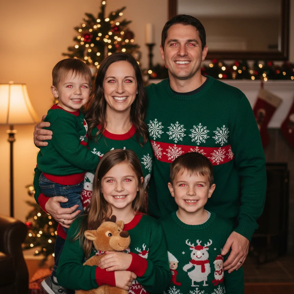 Family of four with three members showing red-eye from flash